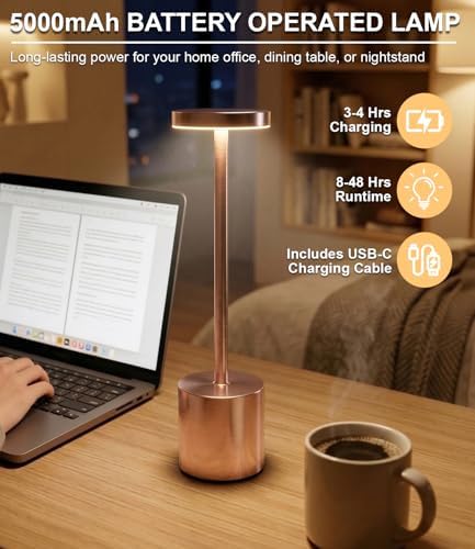 Cordless Table Lamps Rechargeable Set of 2, Portable LED Desk Lamp, 5000mAh Battery Powered Wireless Table Light - 3 Color Dimmable Lighting for Restaurant Dining Patio Outdoor Bedroom(Rose Gold) - Image 2