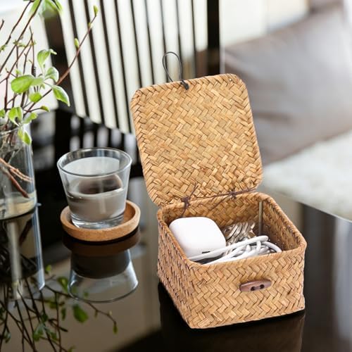 Hipiwe Handwoven Seagrass Basket Decorative Shelf Basket with Lid Mini Square Wicker Storage Box, Caramel Color, 4.7" x 4.7" x 3" - Image 4