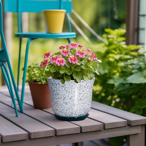 5.6 Inch Plant Pot - Ceramic Plant Pots for Indoor Outdoor, Round Orchid Succulent Pots with Drainage Hole and Saucer, Modern Flower Pot, Home Office Decor, Green-White - Image 4