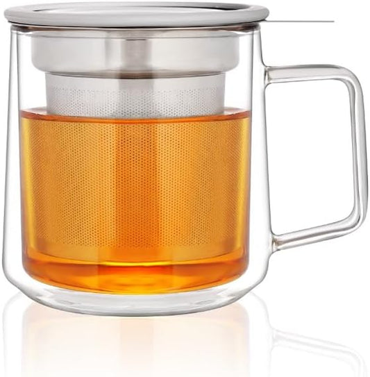 CNGLASS 12oz Double Walled Glass Tea Cup with Stainless Steel Infuser and Lid,Borosilicate Glass Tea Infuser Mug for Loose Tea,Teabag,Set of 1 by CNGLASS