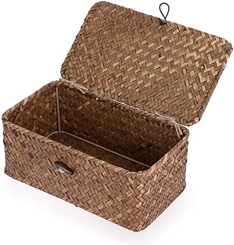 Hipiwe Wicker Shelf Baskets Bin with Lid, Handwoven Seagrass Storage Boxes by Hipiwe