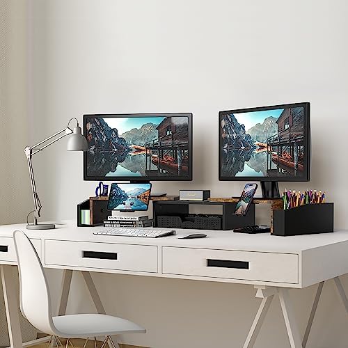 Simple Houseware Desk Dual Monitor Stand Riser with Drawer, Rustic Brown - Image 5