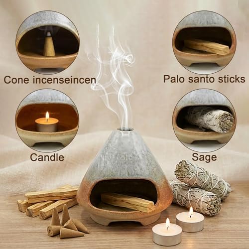 CEREMONY Palo Santo Holder -Mini Ceramic Incense Holder for Palo Santo and Sticks - White Sage Holder for Meditation Decor Ceremony Incense with Glass Gray Collector (Brown-Mount Fuji) - Image 7