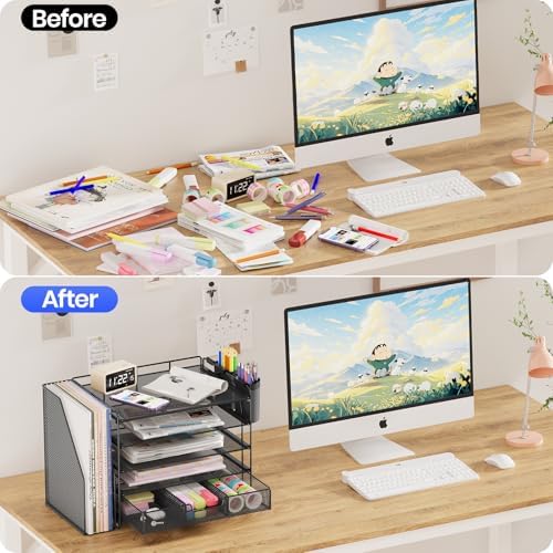 OPNICE Desk Organizer, 5-Tier Desktop File Organizer with Drawer and Pen Holders, Office Desk Accessories, File Sorters, Workspace Organizers for Office Supplies(Black) - Image 5