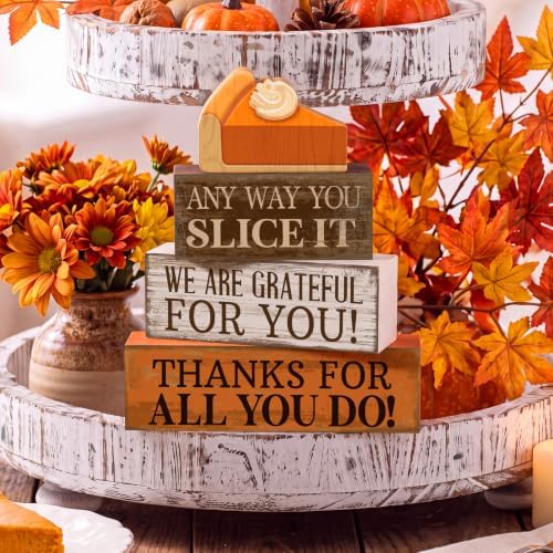 Moucuny 4 Pcs Fall Coffee Table Decor, Grateful Pumpkin Pie Wood Block Sign - Image 6
