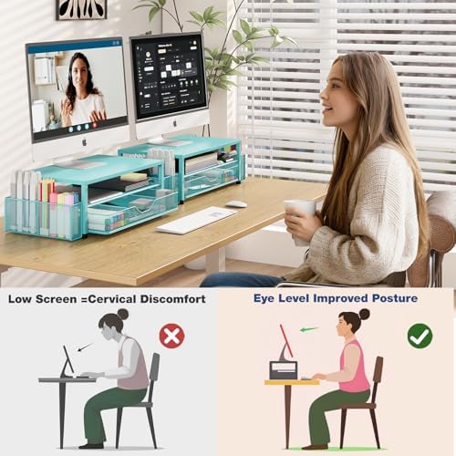 OPNICE Desk Organizer and Accessories, 2-Tier Computer Monitor Stand Riser with Drawer and 2 Pen Holders, Laptop Stand, Office Desk Accessories for Office Supplies, Teal Blue - Image 5