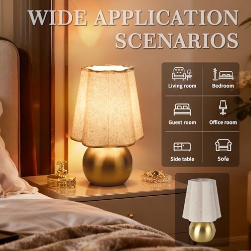 Ziqqeelam Gold Small Table Lamp for Bedroom Bedside，Brass Gold Lamps for Nightstand, Scalloped Linen Shade Table Lamps for Small Spaces for Bedroom, Home Office, Living Room - Image 3