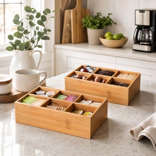 Dicunoy 2 Pack Bamboo Tea Bag Organizers, Wood Tea Bag Storage for Drawers with 6 Roomy Compartments, Sturdy Tea Chest Boxes for Shelf, Coffee Station, Sugar Packet, Sweeteners, Small Packets - Image 2
