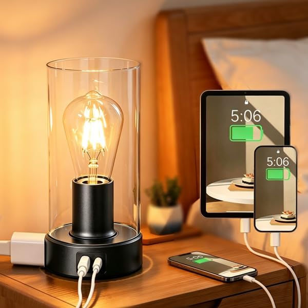 Touch Control Bedside Lamp with Charging Station, Black Small Table Lamp by Shenmoyl