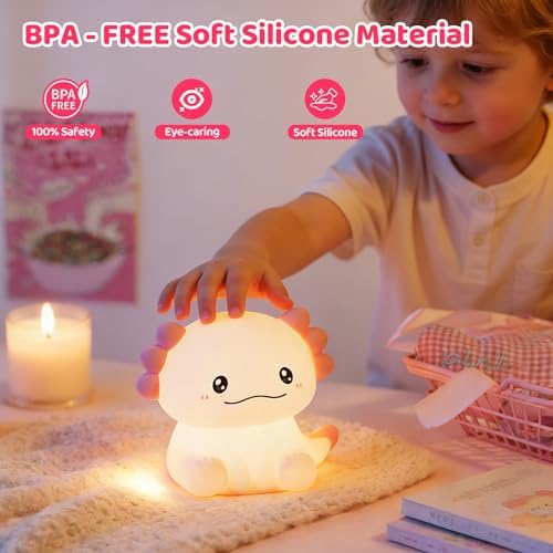 Axolotl LED Night Light, Silicone Touch Lamp for Bedroom with 7 Colors Timer and Dimmable 3-Level Squishy Warm Cute Night Lights, Rechargeable Animal Lamp for Bedroom Decor Birthday Gift - Image 6