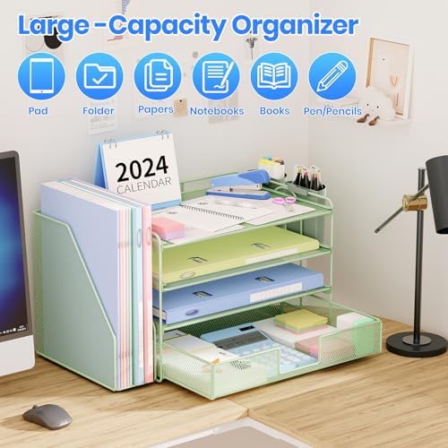 OPNICE Desk Organizer, 4-Tier Desktop File Organizer with Drawer and Pen Holders, Office Desk Accessories, File Sorters, Workspace Organizers for Office Supplies(Green) - Image 6