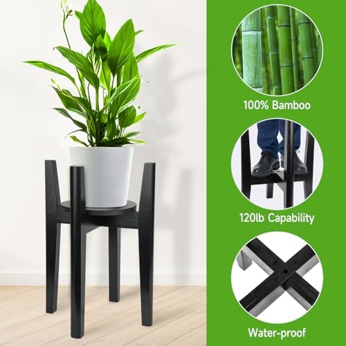Adjustable Plant Stand with Tray,Indoor Wood Plant Stand Fit 8'' to 12'' Planter,Mid Century Modern Flower Pot Holder Rack(Plant and Pot Not Included),Black - Image 4