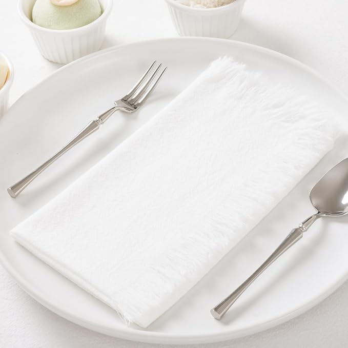 6 Pack Ivory White Cotton Linen Napkins with Fringe Christmas White Cloth Napkins Set of 6 Boho Handmade Dinner Napkins Bulk for Wedding Bridal Baby Shower Valentine's Day, 17 x 17 Inches
