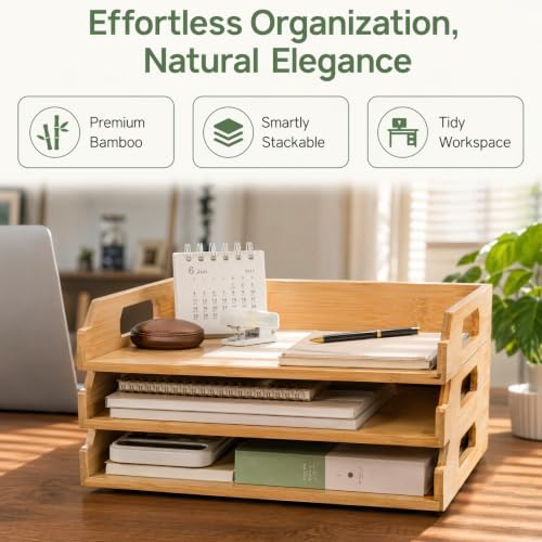 Okllen 3 Pack Stackable Paper Trays, Bamboo Desk Letter Tray Set, 3 Tier File Document Organizer Tray for A4 Paper, Magazine, Receipts, Office Supplies - Image 6