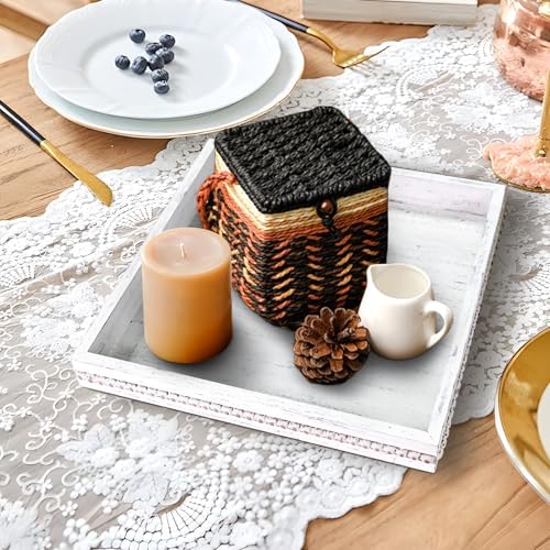 Wooden Decorative Tray, Small Serving Tray with Wood Bead, Farmhouse Big Tray for Ottoman, Countertop, Coffee Tabl, 13" x 13"x 1.6" (Retro White) - Image 3