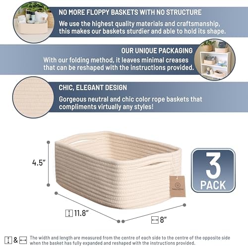 NaturalCozy 11.8"x8"x4.5” Storage Baskets for Shelves 3 Pack | Cotton Rope Woven Small Baskets for Organizing | Small Storage Bins for Nursery, Bathroom, Closet, Cube Shelf, Decorative, Gift Basket - Image 2
