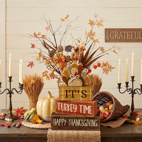 Moucuny 4 Pcs Thanksgiving Table Decorations Wooden Turkey Tiered Tray - Image 6