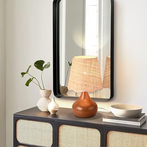 Ziqqeelam Brown Small Bedside Table Lamp for Bedroom, Farmhouse Bedroom Lamps for Nightstand, Rattan Lamp Shade Table Lamps for Small Spaces for Kitchen Counter, Home Office, Living Room, Kids Dorm - Image 2