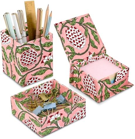 Ridhi Strawberry Pink Block Print Office Desk Organizer Pen & Note Holder by Ridhi