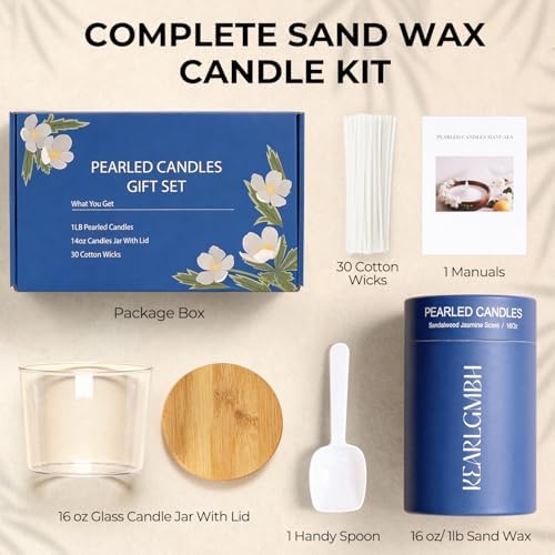 Sand Candle Making Kit - 1 lb Pearled Candle Sand and Wicks, Sand Wax Beads with Jasmine Sandalwood Scent, Lidded Large Glass Jar, 100-Hour Burn, Candles Making Christmas Gift for Adults & Beginners - Image 2