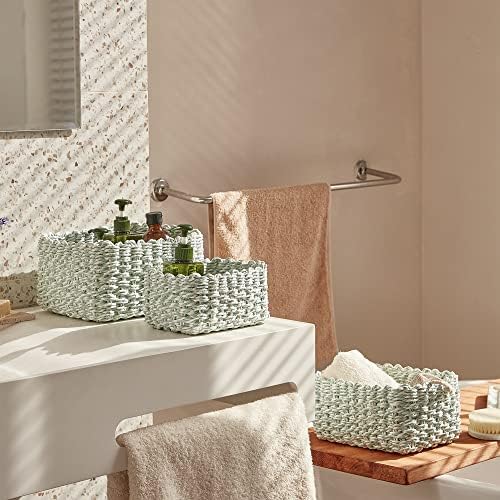 LA JOLIE MUSE Paper Rope Storage Baskets for Organizing, Recycled Wicker Storage Basket Container Bins for Shelves Cupboards Drawer, Small Woven Basket Set of 3 (Green White) - Image 2