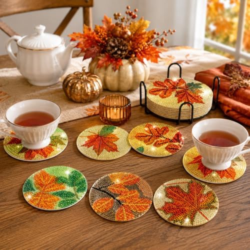 Demonwer 8 Pieces Vintage Fall Maple Leaves Diamond Art Coasters with Holder DIY Fall Maple Leaves Diamond Art Coasters Acrylic Round Cup Coaster for Adults - Image 6