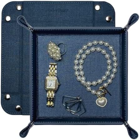 UnionBasic Small Valet Tray, Jewelry Tray for Rings Watches Earrings, Entryway Catchall Caddy for Coins Keys Change, Nightstand Bedside Valet Holder, Trays for Electronic Gadgets, Denim Blue by UnionBasic