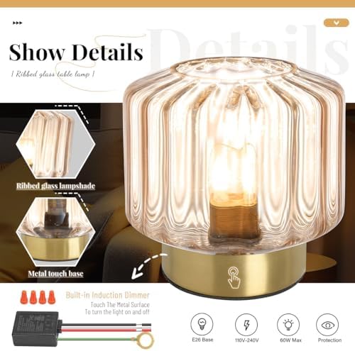 Mid Century Table lamp of 2 Small Table Lamps with Touch Switch Amber Glass Table lamp Gold Desk lamp Modern nightstand lamp Bedside Table Lamps for Bedroom Living Room Office - Image 5