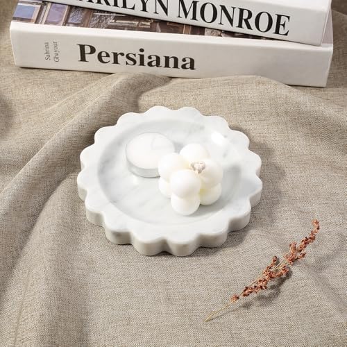 Koville 5.51" Scalloped Marble Tray, Round Stone Jewelry Trinket Dish for Ring, Natural Small Marble Tray for Bathroom Kitchen Dresser Countertop, Decorative Candle Tray(Bianco Carrara) - Image 6