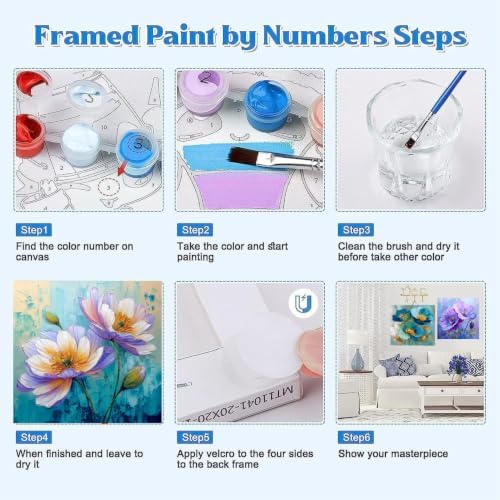 Canrichshop 6 Pack Paint by Numbers Kit for Adults,Framed Adults' Paint-by-Number Kits with Wooden Easel, DIY Flowers Acrylic Oil Painting Number Kits for Wall Decor 8x8 inch - Image 7