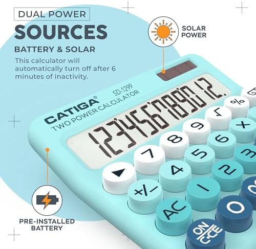 CATIGA Mechanical Switch Calculator with Solar and Battery Dual Power, 12-Digit Large LCD Display, Aesthetic and Cute Desktop Calculator with Big Button, for Home, School and Office Use, SD-1299 - Image 4