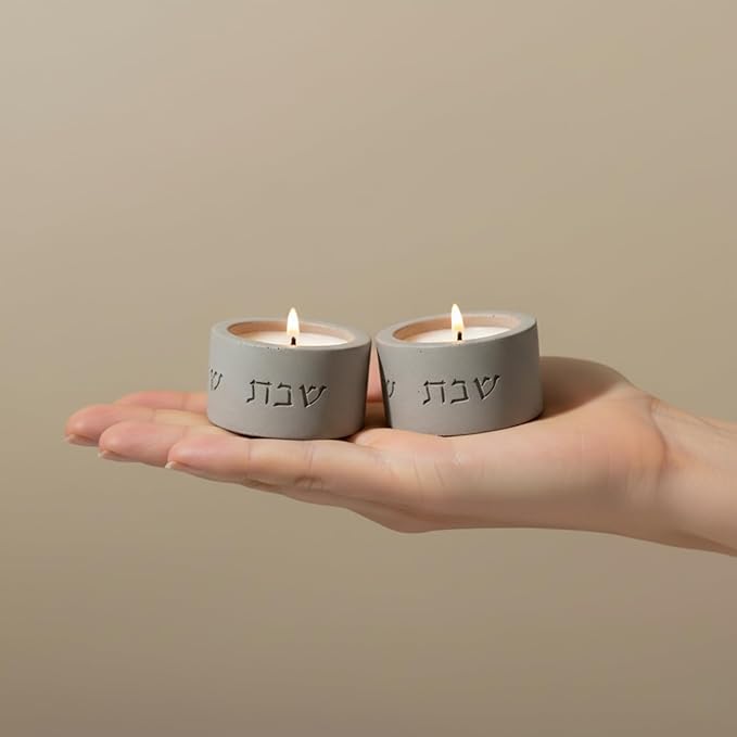 SURI Shabbat Candle Holders Set – Modern Judaica Shabbat Candlesticks for Tea Lights – Concrete Shabbos Candles Holders, Dripless Design – Jewish Gift & Home Decor