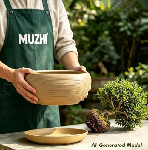 MUZHI 9.5” Round Large Ceramic Bonsai Bowl Planter，Clay Succulent Plant Pot Container with Saucer (9.5”) - Image 4