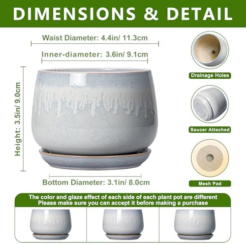 4 Inch Planter - Ceramic Plant Pots for Indoor Plants, Round Succulent Pots with Drainage and Saucer, Decorative Small Planter, Home Desktop Decor, Gardening Gifts for Women, Grey-White - Image 2