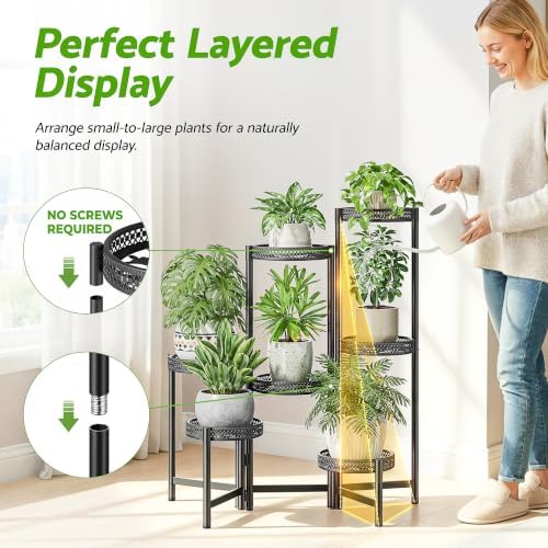 7 Tier Large Metal Plant Stand Indoor Outdoor with 7.9 Inch Wide Tray, Tiered Corner Plant Stand, Flower Display Holder Shelf, Folding Tall Rack for Patio Porch Balcony Living Room Garden - BlackWave - Image 6