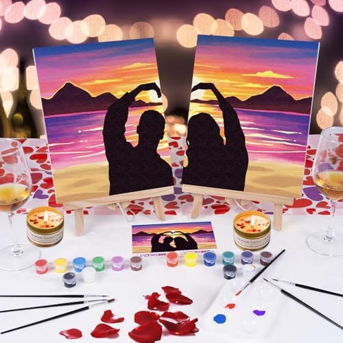VOCHIC Sip and Paint Kit,Pre Drawn Canvas Couple Painting Kit for Adult Art Set with Outline Canvas for Adults Date Night Party Couples Valentine's Day, 2 Pack (8 x 10 Inches) - Image 2