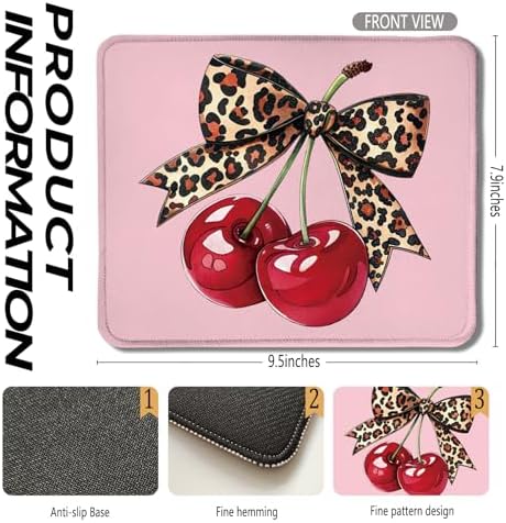 Girly Leopard Bow Cherry Mouse Pad, Trendy Funky Preppy Pink Cherry Bow Aesthetic Mouse Pads Mousepad for Work Gaming Computers Laptop Desk Accessories, 9.5x7.9 Inch - Image 2