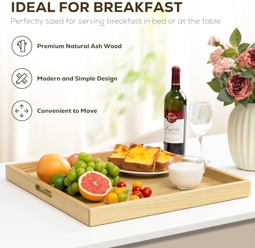 Axeman 22 Inch Large Square Wooden Ottoman Tray for Living Room|Extra Large Serving Tray with Handles for Coffee Table, Breakfast|Decorative Wood Tray for Ottoman Couch Sofa Kitchen|Natural - Image 4
