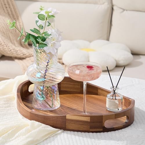 Acacia Wood Serving Tray with Handles - 17'' x 13'' Round, Decorative Ottoman Trays for Breakfast, Home Decor, Tea Party, Coffee Table, Candle Display, Kitchen Counter Board - Image 4