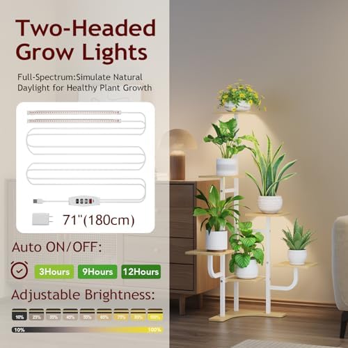 Homsorout Corner Plant Stand with Grow Light - 6 Tier Plant Stand Indoor Square Metal Plant Shelf with Adjustable Light, Plant Organizer for Living Room, Garden, Home Decor, Maple - Image 5
