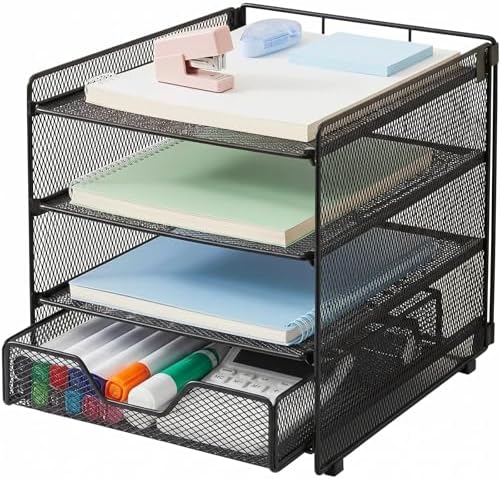 OPNICE Desk Organizer, 4-Tier Desktop File Organizer with Drawer, Office Desk Accessories, File Sorters, Workspace Organizers for Office Supplies(Black Upgraded) by OPNICE