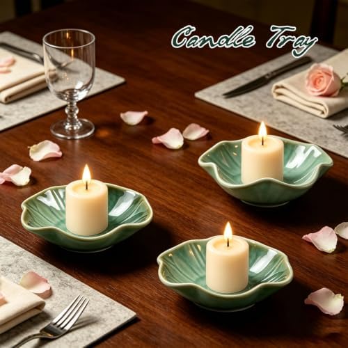 Set of 3 Jade Green Ceramic Jewelry Trays Lotus Leaf Design - Image 6