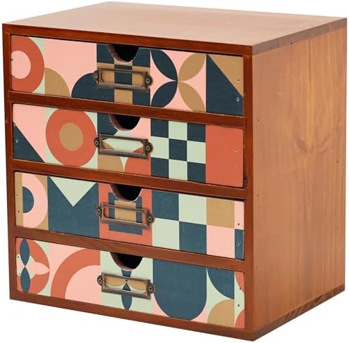 Mid-Century Modern Geometric Pattern Desk Organizer - Earth Tone Desktop Storage with 4-Drawer - Retro Modern Wood Cabinet for Office Supplies, Craft Tools, & Home Organization - MCM Drawer Unit by Woodaholic
