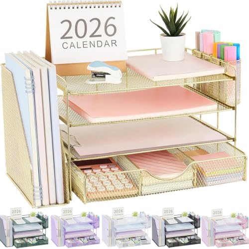 gianotter Desk Organizers and Accessories with File Holder, 4-Tier Desk Accessories & Workspace Organizers with Drawer and 2 Pen Holder, Paper Organizer for Office Supplies(Gold) by gianotter