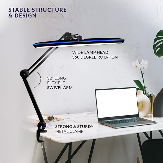 Neatfi XL 2,200 Lumens LED Task Lamp, 24W, 117 SMD LEDs, 23-Inch Ultra-Wide, 4 Brightness Levels, 3 Light Modes, Dimmable, Eye-Caring, Glare-Free (CCT with Clamp, Black)