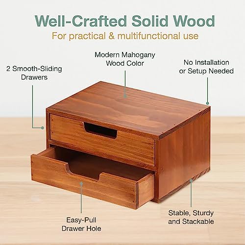 Double Drawer Desktop Storage Organizer in a Modern Wood Design (9.8”x6.9”x 5.1”) 2-Drawer Stackable Drawer Unit - Wood Monitor Riser (1-Pack) - Image 4
