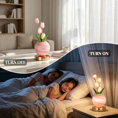 VEEKI Pink Tulip Flower Lamp, Rechargeable Cordless LED Floral Table Lamp - Image 3