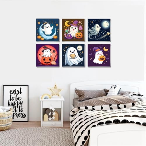 FQOVKYN 6 Pcs Framed Halloween Paint by Numbers Kits for Beginners, Ghosts Adults' Paint-by-Number Kits on Canvas, Easy Acrylic Oil Painting by Number for Gift Home Decor 8x8 inchs - Image 5