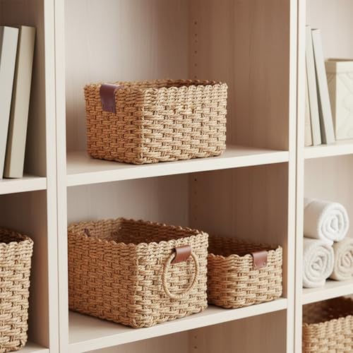 Small Wicker Basket Set of 3, Handwoven Paper Rope Storage Baskets with Leather Handles, Decorative Organizing Bins for Home, Desk, Bathroom & Gifts (Beige) - Image 5