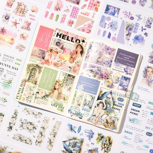 YagCu Journaling Stickers, 40 Sheets Scrapbook Sticker, Romantic Seasons Junk Journal Supplies, Pre-Cut Aesthetic PET Materials, Scrapbooking Stickers for Adults, Decorative Arts Craft - Image 2